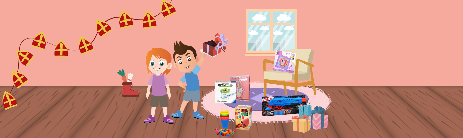 Twee kinderen staan in een versierde kamer met speelgoed en ingepakte cadeaus rond een stoel.